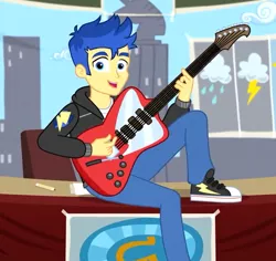 Size: 746x703 | Tagged: safe, derpibooru import, screencap, flash sentry, best trends forever, equestria girls, equestria girls series, clothes, converse, cropped, guitar, hoodie, male, musical instrument, pants, shoes, smiling, sneakers