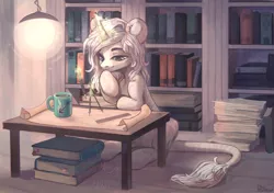 Size: 2626x1846 | Tagged: safe, artist:graypillow, derpibooru import, oc, oc:arrow, unofficial characters only, pony, unicorn, book, bookshelf, coffee, commission, compass, female, glowing horn, horn, leonine tail, magic, mare, pencil, ruler, table, telekinesis