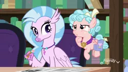 Size: 1920x1080 | Tagged: safe, derpibooru import, screencap, cozy glow, silverstream, hippogriff, pegasus, pony, school raze, bag, cozy glow is not amused, crossword puzzle, duo, female, filly, foal, pencil, saddle bag, thinking