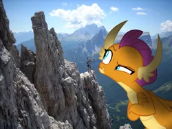Size: 2560x1920 | Tagged: safe, artist:dashiesparkle, artist:somerandomminion, derpibooru import, smolder, dragon, human, pony, crossed arms, giant pony, irl, macro, mountain, mountain climbing, photo, photomanipulation, photoshop, ponies in real life, raised eyebrow, read description, size difference, skeptical, vector, wat