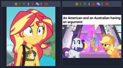 Size: 489x269 | Tagged: safe, derpibooru import, applejack, rarity, sunset shimmer, derpibooru, equestria girls, juxtaposition, juxtaposition win, meme, meta, wtf