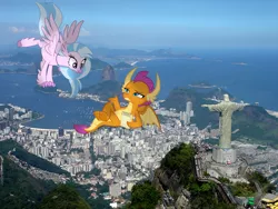Size: 1200x900 | Tagged: safe, artist:frownfactory, artist:shutterflyeqd, artist:somerandomminion, derpibooru import, silverstream, smolder, classical hippogriff, dragon, hippogriff, pony, brazil, cristo redentor, female, giantess, handstand, irl, lying down, macro, notepad, photo, photomanipulation, photoshop, ponies in real life, rio de janeiro, story included, upside down, vector