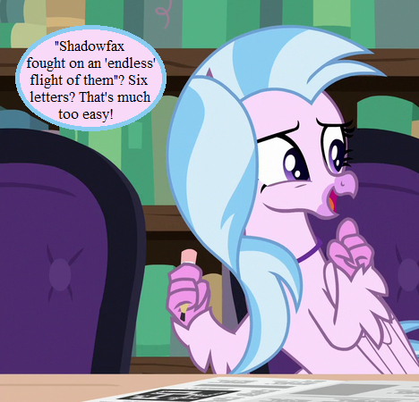 Size: 468x450 | Tagged: safe, derpibooru import, edit, edited screencap, screencap, silverstream, pony, school raze, cropped, crossword puzzle, cute, dialogue, diastreamies, library, lord of the rings, pencil, speech bubble, stairs, that hippogriff sure does love stairs