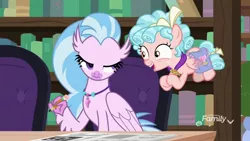 Size: 1920x1080 | Tagged: safe, derpibooru import, screencap, cozy glow, silverstream, hippogriff, pegasus, pony, school raze, bag, cozy glow is best facemaker, crossword puzzle, duo, faic, female, filly, flying, foal, lidded eyes, pencil, saddle bag