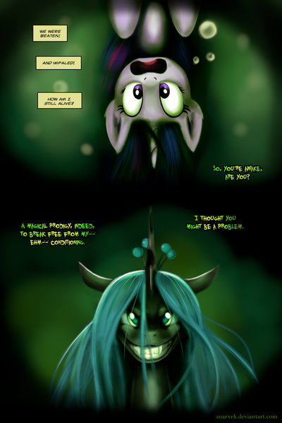 Size: 3000x4500 | Tagged: safe, artist:zoarvek, derpibooru import, queen chrysalis, twilight sparkle, changeling, changeling queen, pony, comic:the conquering of love, fanfic, fanfic:the conquering of love, cocoon, comic, fanfic art, fangs, female, hung upside down, looking at you, smiling, toothy grin, upside down, wide eyes