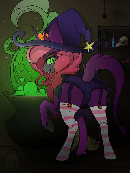 Size: 1500x2000 | Tagged: suggestive, artist:zombies-pudding, derpibooru import, oc, unofficial characters only, pony, butt, cauldron, clothes, commission, female, hat, mare, panties, plot, rear view, socks, solo, solo female, stockings, striped socks, thigh highs, underwear, witch, witch hat, ych result