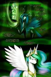 Size: 3000x4500 | Tagged: safe, artist:zoarvek, derpibooru import, princess celestia, queen chrysalis, twilight sparkle, changeling, changeling queen, pony, comic:the conquering of love, fanfic, fanfic:the conquering of love, cocoon, fanfic art, fangs, female, glowing eyes, grin, hung upside down, mare, nervous, nervous grin, smiling, upside down, wide eyes
