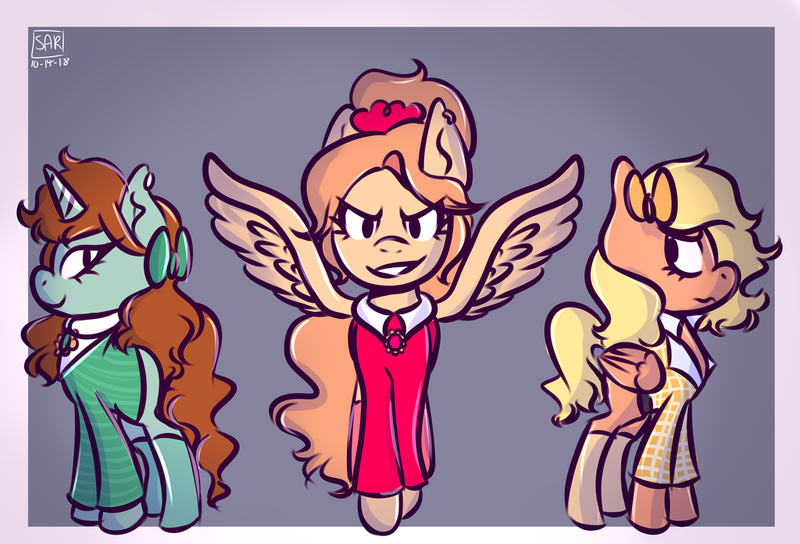 Size: 1024x696 | Tagged: safe, artist:violetec, derpibooru import, ponified, pegasus, pony, unicorn, green, heather chandler, heather duke, heather mcnamara, heathers, heathers the musical, red, spread wings, wings, yellow