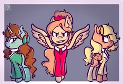 Size: 1024x696 | Tagged: safe, artist:violetec, derpibooru import, ponified, pegasus, pony, unicorn, green, heather chandler, heather duke, heather mcnamara, heathers, heathers the musical, red, spread wings, wings, yellow