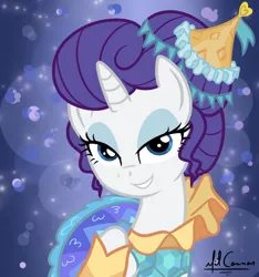 Size: 1000x1069 | Tagged: safe, artist:mitconnors, derpibooru import, rarity, ponified, pony, equestria girls, equestria girls series, the other side, carousel dress, clothes, dress, equestria girls ponified, eyeshadow, female, lidded eyes, makeup, smiling, solo