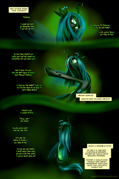 Size: 3000x4500 | Tagged: safe, artist:zoarvek, derpibooru import, queen chrysalis, changeling, changeling queen, comic:the conquering of love, fanfic, fanfic:the conquering of love, comic, dialogue, fanfic art, female, offscreen character, sitting