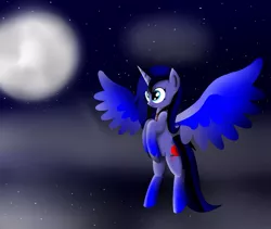 Size: 973x821 | Tagged: safe, artist:visionwing, derpibooru import, oc, alicorn, pony, alicorn oc, curious, female, flying, horn, jewelry, mare, moon, necklace, night, wings