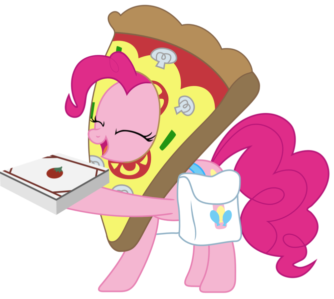 Size: 2055x1844 | Tagged: safe, artist:sonofaskywalker, derpibooru import, pinkie pie, earth pony, pony, school raze, bag, clothes, costume, cute, eyes closed, female, food, mare, pizza, pizza box, pizza delivery, pizza pie, saddle bag, simple background, solo, transparent background, vector