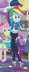Size: 317x781 | Tagged: safe, derpibooru import, screencap, applejack, fluttershy, rainbow dash, spike, spike the regular dog, dog, equestria girls, equestria girls series, clothes, converse, cropped, feet, female, geode of fauna, geode of super speed, hoodie, legs, magical geodes, offscreen character, pants, sandals, shoes, smiling, sneakers