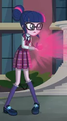 Size: 544x983 | Tagged: safe, derpibooru import, official, sci-twi, twilight sparkle, equestria girls, friendship games, clothes, cropped, crystal prep academy uniform, female, glasses, hair bun, magic capture device, pleated skirt, school uniform, shoes, skirt, socks