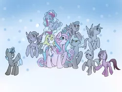 Size: 1200x900 | Tagged: safe, artist:bunnyviolet218, derpibooru import, princess flurry heart, oc, oc:shimmering glow, alicorn, earth pony, pegasus, pony, unicorn, adult, alicorn oc, canon x oc, children, colt, couple, family, family photo, female, filly, flurryglow, flying, foal, horn, husband and wife, magic, magic aura, male, mama flurry, married couple, multiple pregnancy, octuplets, offspring, offspring shipping, offspring's offspring, older, older flurry heart, parent:king sombra, parent:oc:shimmering glow, parent:princess flurry heart, parent:radiant hope, parents:canon x oc, parents:hopebra, pregnant, shipping, snow, snowfall, straight, wings