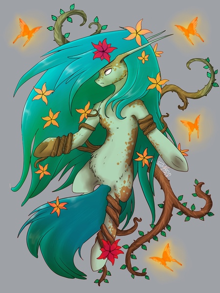 Size: 1200x1600 | Tagged: safe, artist:neon line, derpibooru import, ponified, butterfly, dryad, original species, plant pony, pony, blank eyes, female, gray background, heroes of might and magic, mare, monster mare, plant, simple background, solo, vine