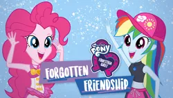 Size: 1280x720 | Tagged: safe, derpibooru import, official, pinkie pie, rainbow dash, equestria girls, equestria girls series, forgotten friendship, baseball cap, cap, clothes, duo, equestria girls logo, female, geode of sugar bombs, geode of super speed, hat, image, jpeg, magical geodes, my little pony logo, netflix, smiling, swimsuit