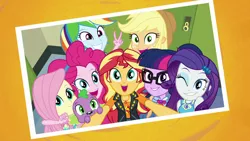 Size: 1920x1080 | Tagged: safe, derpibooru import, screencap, applejack, fluttershy, pinkie pie, rainbow dash, rarity, sci-twi, spike, spike the regular dog, sunset shimmer, twilight sparkle, dog, equestria girls, equestria girls series, forgotten friendship, cute, geode of empathy, geode of shielding, geode of telekinesis, humane five, humane seven, humane six, lockers, magical geodes, selfie, shimmerbetes, smiling, spikabetes, twiabetes