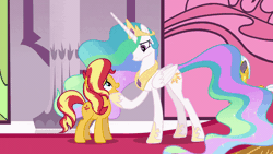 Size: 800x450 | Tagged: safe, derpibooru import, screencap, princess celestia, sunset shimmer, alicorn, pony, unicorn, equestria girls, equestria girls series, forgotten friendship, animated, apology, armor, background pony, carpet, crown, cute, eye contact, eyes closed, female, forgiveness, frown, gif, helmet, hoof shoes, hug, it happened, jewelry, lidded eyes, looking at each other, looking down, male, mare, peytral, raised hoof, regalia, reunion, royal guard, royal guard armor, sad, saddle, shimmerbetes, smiling, stallion, standing, tack, tail, tail wrap, the prodigal sunset, throne room, unicorn royal guard, wings