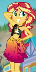 Size: 500x976 | Tagged: safe, derpibooru import, screencap, sunset shimmer, equestria girls, equestria girls series, forgotten friendship, adorasexy, arm behind head, bare shoulders, beach, belly button, bikini, bikini top, bracelet, clothes, cropped, cute, cutie mark, cutie mark on clothes, female, geode of empathy, hand on hip, jewelry, magical geodes, midriff, pose, sarong, selfie, sexy, shimmerbetes, shoulder bag, skirt, smiling, solo, standing, stomach, sultry pose, sunset selfie, swimsuit