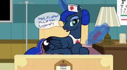 Size: 1948x1080 | Tagged: safe, artist:trash anon, derpibooru import, princess luna, alicorn, pony, alternate hairstyle, bed, eye chart, female, glowing horn, hair bun, horn, hospital, lamp, looking at you, magic, mare, needle, nightstand, nurse, nurse luna, open mouth, smiling, speech, syringe, talking, talking to viewer, telekinesis, tongue depressor