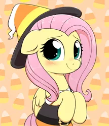 Size: 2002x2329 | Tagged: safe, artist:moozua, derpibooru import, fluttershy, pegasus, pony, blushing, candy, candy corn, clothes, costume, cute, female, floppy ears, food, halloween, halloween costume, holiday, mare, shyabetes, witch