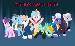 Size: 2656x1650 | Tagged: safe, artist:andoanimalia, derpibooru import, cozy glow, gladmane, lightning dust, suri polomare, svengallop, wind rider, zesty gourmand, earth pony, pegasus, pony, unicorn, antagonist, clothes, evil, evil grin, female, filly, grin, looking at you, male, mare, pun, smiling, stallion, text, the neighferious seven, uniform, washouts uniform