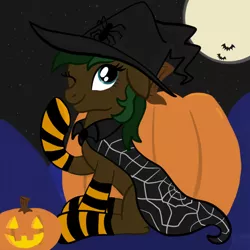 Size: 2100x2100 | Tagged: safe, artist:lannielona, derpibooru import, oc, oc:rosetta spring, unofficial characters only, pony, cape, clothes, commission, costume, female, full moon, halloween, halloween costume, hat, holiday, jack-o-lantern, mare, moon, night, nightmare night, one eye closed, pumpkin, socks, solo, striped socks, wink, witch hat, ych result