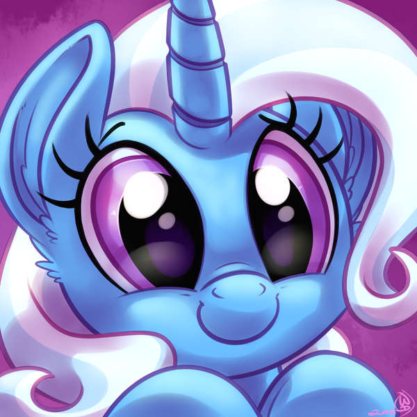 Size: 1800x1800 | Tagged: safe, artist:whitediamonds, derpibooru import, trixie, pony, unicorn, avatar, c:, commission, cute, daaaaaaaaaaaw, diatrixes, ear fluff, female, gradient background, head only, hooves, horn, looking at you, mare, missing accessory, purple background, purple eyes, simple background, smiling, solo, weapons-grade cute, whitediamonds is trying to kill us