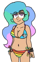 Size: 700x1100 | Tagged: artist:threetwotwo32232, belly button, bikini, breasts, cleavage, clothes, derpibooru import, female, human, humanized, looking at you, princess celestia, rainbow dash, rainbow dash bikini, simple background, solo, suggestive, swimsuit, transparent background