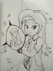 Size: 3120x4160 | Tagged: safe, artist:sundaw, derpibooru import, starlight glimmer, human, equestria girls, hourglass, magic, monochrome, smiling, solo, traditional art