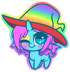 Size: 1280x1314 | Tagged: safe, artist:wickedsilly, derpibooru import, oc, oc:chroma wave, unofficial characters only, alicorn, bat pony, bat pony alicorn, bat pony oc, bat wings, blushing, chibi, cute, eyeshadow, femboy, hat, hecking cute, horn, makeup, male, ocbetes, one eye closed, simple background, smiling, solo, transparent background, wingding eyes, wings, wink