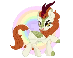 Size: 1024x819 | Tagged: artist:sparkleshadow, autumn blaze, awwtumn blaze, cute, derpibooru import, female, kirin, mare, obtrusive watermark, open mouth, rainbow, raised hoof, safe, simple background, solo, sounds of silence, transparent background, watermark