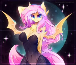 Size: 2200x1890 | Tagged: suggestive, artist:koveliana, derpibooru import, fluttershy, anthro, bat pony, arm behind back, arm behind head, bare shoulders, bat ponified, bat wings, big breasts, breasts, busty fluttershy, cheek fluff, chest fluff, chromatic aberration, cleavage, cleavage fluff, clothes, ear fluff, ear tufts, female, fishnets, flutterbat, high res, leotard, looking at you, mare, pose, race swap, signature, skintight clothes, smiling, solo, solo female, sparkles, spread wings, standing, stupid sexy flutterbat, wide hips, wings