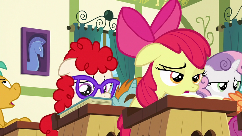 Size: 1280x720 | Tagged: safe, derpibooru import, screencap, apple bloom, scootaloo, snails, snips, sweetie belle, twist, pony, unicorn, the cart before the ponies, colt, desk, glasses, male