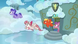 Size: 1280x720 | Tagged: safe, derpibooru import, screencap, angel wings, hyacinth dawn, loosey-goosey, short fuse, pegasus, pony, top bolt, background pony, classroom, cloud, female, flying, male, mare, stallion, wonderbolts headquarters