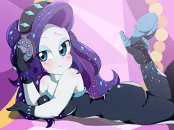 Size: 1600x1200 | Tagged: safe, artist:umejiru, derpibooru import, rarity, equestria girls, equestria girls series, the other side, ass, bare shoulders, breasts, butt, clothes, cute, fabulous, female, gloves, headphones, high heels, raribetes, rearity, scene interpretation, sexy, shoes, sleeveless, solo, strapless, stupid sexy rarity