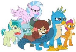 Size: 2933x2010 | Tagged: safe, artist:sonofaskywalker, derpibooru import, gallus, ocellus, sandbar, silverstream, smolder, yona, changedling, changeling, classical hippogriff, dragon, earth pony, gryphon, hippogriff, pony, yak, school raze, angry, bow, claws, cloven hooves, colored hooves, cutie mark, dragoness, female, fierce, fist, full body, hair bow, jewelry, male, monkey swings, necklace, paws, simple background, student six, teenager, transparent background, vector, wings