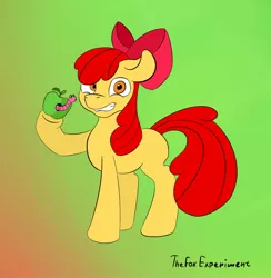 Size: 1052x1080 | Tagged: apple, apple bloom, artist:the-fox-experiment, bow, derpibooru import, food, nervous, safe, simple background, worm