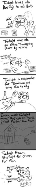 Size: 1280x6500 | Tagged: safe, artist:tjpones, derpibooru import, scootaloo, twilight sparkle, twilight sparkle (alicorn), alicorn, pony, sparkles! the wonder horse!, boots, clothes, comic, dialogue, emergency edible boots, fat, food, gak, gun, lead poisoning, pica, pure unfiltered evil, scootaloo can't fly, shoes, stuffed, sweet apple acres, twilard sparkle, violence, vulgar, wat, weapon