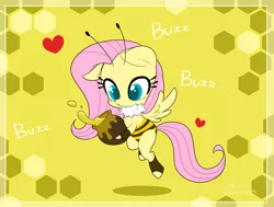 Size: 1720x1300 | Tagged: safe, artist:potetecyu_to, derpibooru import, fluttershy, bee, insect, pegasus, pony, animal costume, antennae, bee costume, chibi, clothes, costume, cute, female, flutterbee, food, heart, honey, hoof hold, looking at something, mare, neck fluff, pot, shyabetes, solo, spill, spread wings, wings