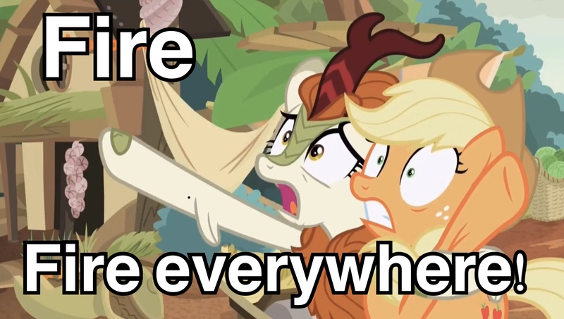 Size: 2669x1510 | Tagged: a kirin tale, applejack, autumn blaze, caption, derpibooru import, edit, edited screencap, exploitable meme, image macro, kirin, meme, safe, screencap, sounds of silence, spoiler:s08, text, x x everywhere