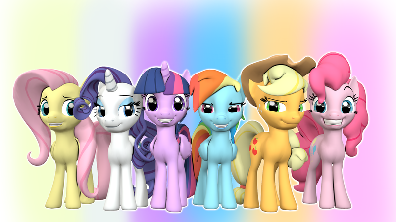 Size: 1920x1080 | Tagged: safe, artist:szczerbix, derpibooru import, applejack, fluttershy, pinkie pie, rainbow dash, rarity, twilight sparkle, twilight sparkle (alicorn), alicorn, pony, 3d, colorful, mane six, source filmmaker