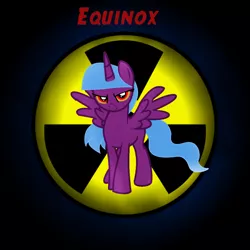 Size: 1280x1280 | Tagged: alicorn, artist:skyarrow, base used, derpibooru import, fallout equestria, oc, oc:equinox, radiation sign, safe, solo, text, unofficial characters only