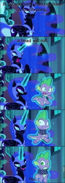 Size: 604x1697 | Tagged: 35th anniversary, alicorn, backpack, chains, comic, death threat, derpibooru import, dragon, edit, edited screencap, nightmare moon, rescue at midnight castle, safe, screencap, screencap comic, spike, the cutie re-mark, threat