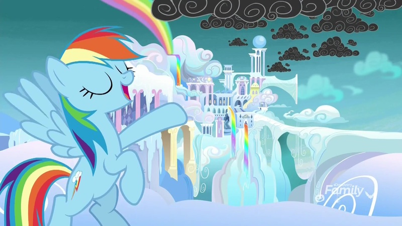 Size: 1920x1080 | Tagged: safe, derpibooru import, screencap, rainbow dash, pegasus, pony, school raze, cloudsdale, eyes closed, female, flying, mare, rainbow, rainbow waterfall, scattered thunderstorms, stormcloud, weather factory