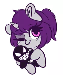 Size: 2737x3261 | Tagged: safe, artist:wickedsilly, derpibooru import, oc, oc:wicked silly, unofficial characters only, pony, unicorn, cute, female, hug, mare, marvel comics, ocbetes, one eye closed, plushie, ponysona, simple background, smiling, solo, venom, wink