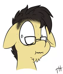 Size: 1059x1244 | Tagged: safe, artist:fakskis, derpibooru import, oc, oc:pencil draft, unofficial characters only, pony, beard, facial hair, floppy ears, glasses, shrunken pupils, simple background, surprised, sweat, sweating profusely, white background