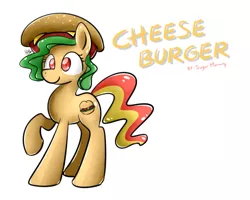 Size: 1280x1024 | Tagged: safe, artist:sugar morning, derpibooru import, oc, oc:cheeseburger, ponified, unofficial characters only, earth pony, pony, burger, cheese burger, cheeseburger, food, freckles, hamburger, simple background, solo, standing